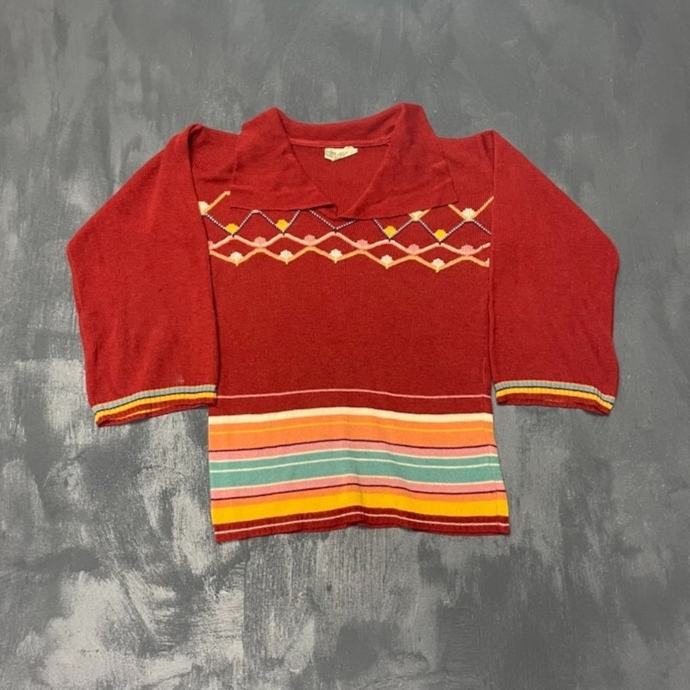 Vintage Striped Chevron Knit‎ Sweater Women Large Red 1970s Kmart